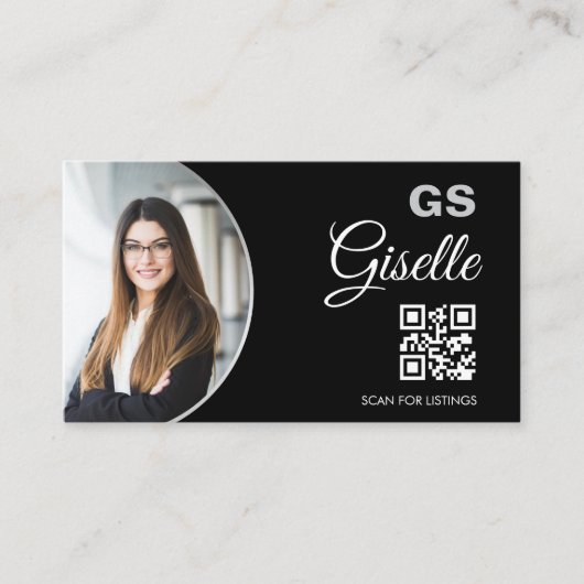 Carte De Visite Black Silver Photo Monogram Realtor QR Code (Devant)