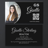 Carte De Visite Black Silver Photo Monogram Realtor QR Code