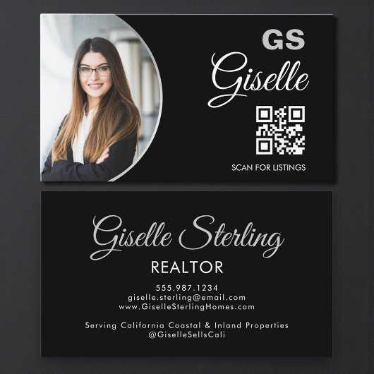 Carte De Visite Black Silver Photo Monogram Realtor QR Code