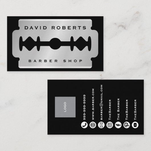 Carte De Visite Black Silver Razor Blade Barber Business Card (Devant / Derrière)