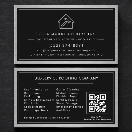 Carte De Visite Black Silver Roofing Construction Services QR Code