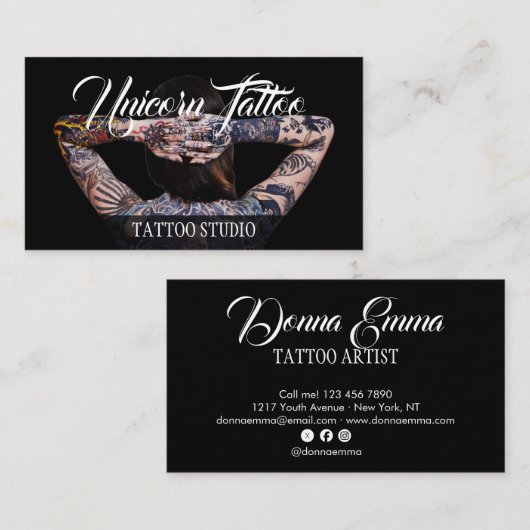 Carte De Visite Black Tattoo artists photo script typography (Devant / Derrière)