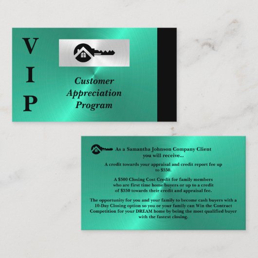 Carte De Visite Black & Turquoise VIP Customer Appreciation (Devant / Derrière)