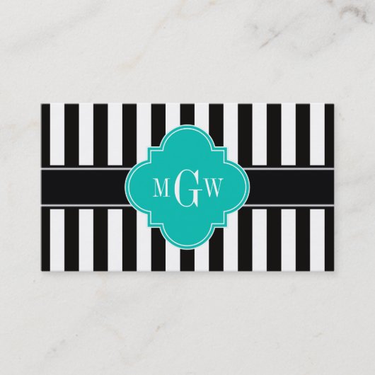 Carte De Visite Black What Stripe Quatrefoil Turquoise 3 Monogramm (Devant)
