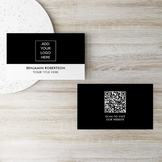 Carte De Visite Black White Custom Logo QR Code Modern Simple
