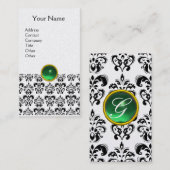 Carte De Visite BLACK WHITE DAMASK GREEN GEMSTONE MONOGRAM perle (Devant / Derrière)