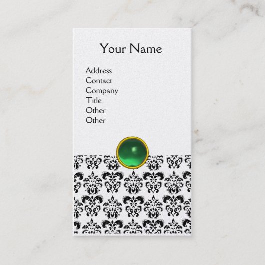 Carte De Visite BLACK WHITE DAMASK GREEN GEMSTONE MONOGRAM perle (Devant)