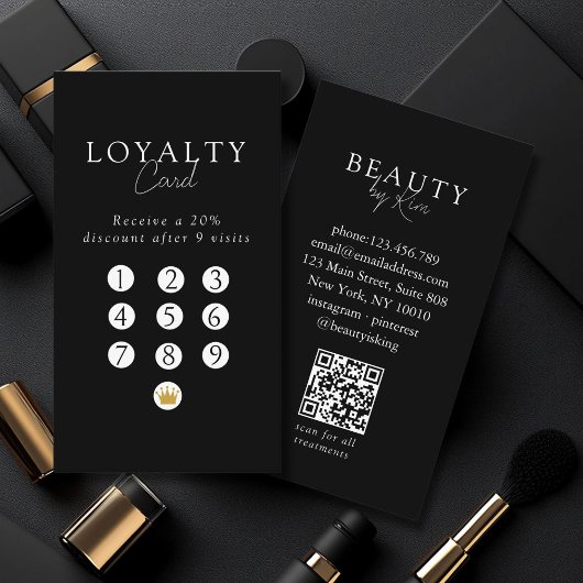 Carte De Visite Black & White Minimal Salon QR Code Loyalty