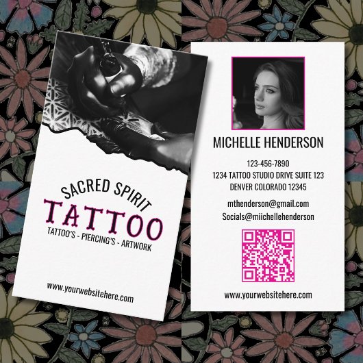 Carte De Visite Black & White Modern 2 Photo QR Code Tattooist