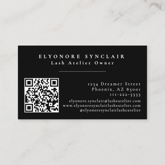 Carte De Visite Black White Script Lashes Studio Logo QR Code (Dos)