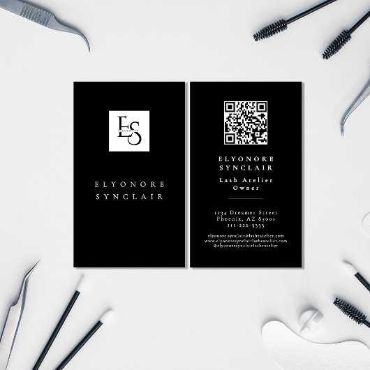 Carte De Visite Black White Script Lashes Studio Logo QR Code
