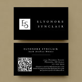 Carte De Visite Black White Script Lashes Studio Logo QR Code