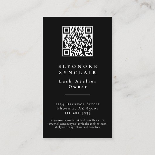 Carte De Visite Black White Script Lashes Studio Logo QR Code (Dos)