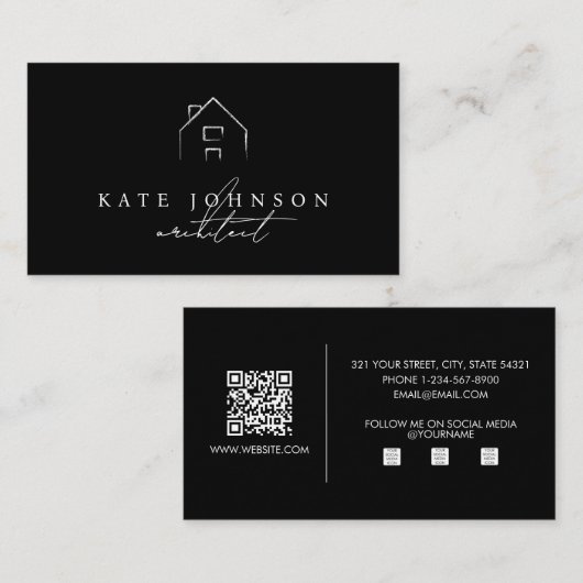 Carte De Visite Black White Signature Script QR Code Médias sociau (Devant / Derrière)