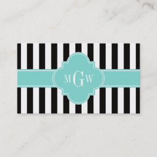 Carte De Visite Black White Stripe Turquoise Quatrefoil