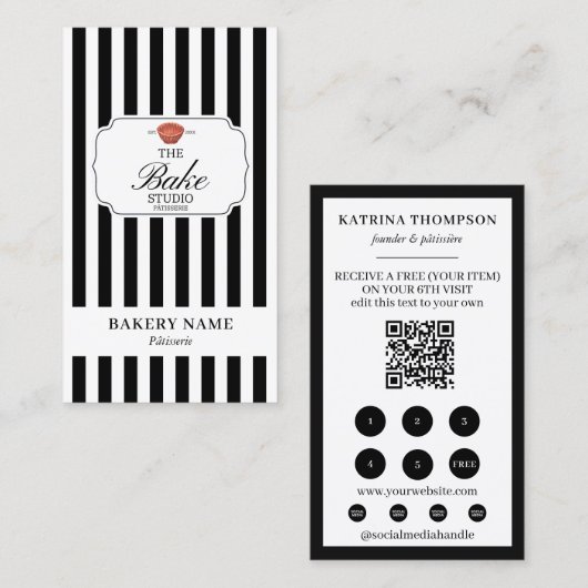 Carte De Visite Black White Stripes Bakery Logo Loyalty Punch (Devant / Derrière)