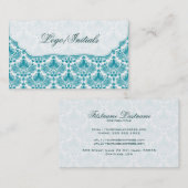 Carte De Visite Blanc & Bleu Élégant Retro Floral Damask (Devant / Derrière)