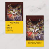 Carte De Visite BLANC BROWN KITTY CAT PORTRAIT, ROUGE RIBBON Jaune (Devant / Derrière)