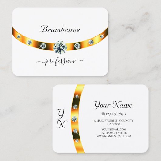 Carte De Visite Blanc et Or avec Diamants Monogramme Professionnel (Devant / Derrière)