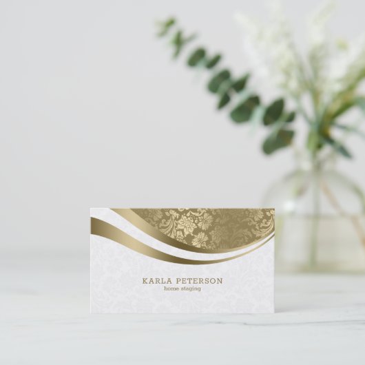 Carte De Visite Blanc et or Damas lignes dynamiques Monogramme (Debout devant)