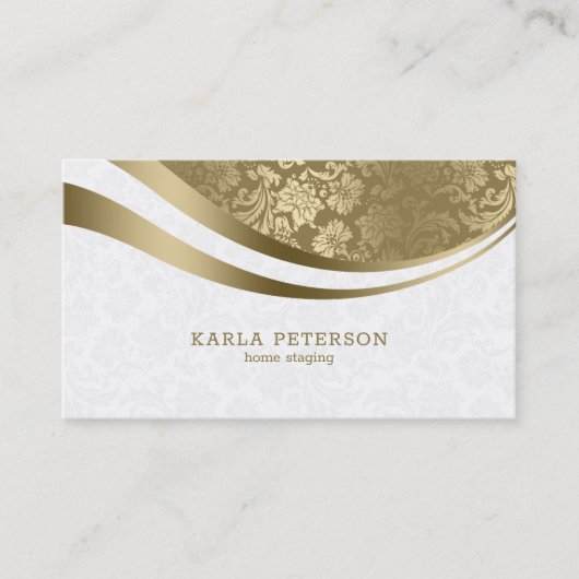 Carte De Visite Blanc et or Damas lignes dynamiques Monogramme (Devant)