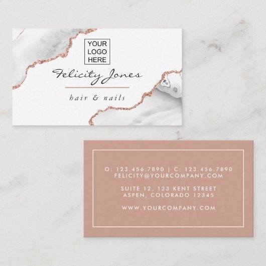 Carte De Visite Blanc et or rose Agate Ajouter un logo (Devant / Derrière)