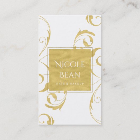 Carte De Visite Blanc & Faux Gold Floral Swirl Élégant (Devant)