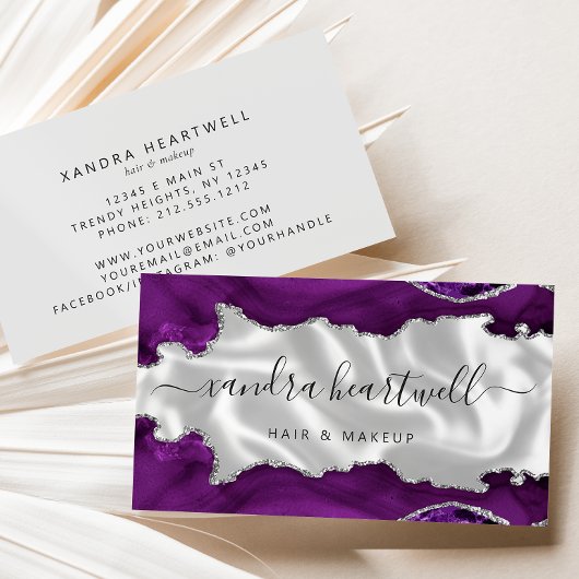 Carte De Visite Blanc Luxe Agate Argent Violet