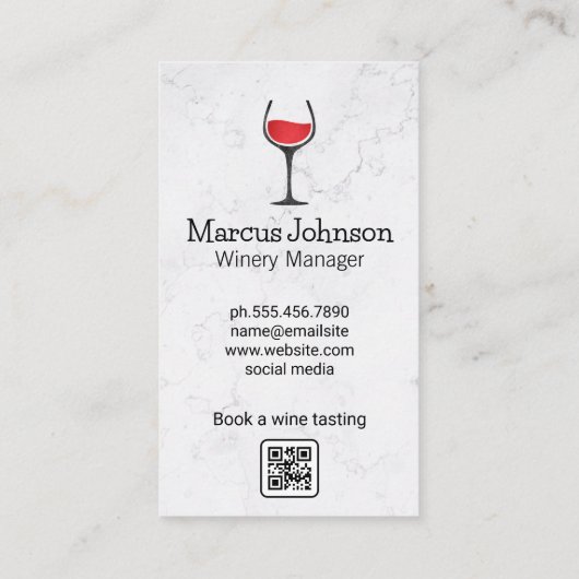 Carte De Visite Blanc marbre | Logo Verre Vin | Déguster le code Q (Dos)