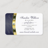 Carte De Visite Blanc moderne bleu foncé et or avec Monogramme (Dos)