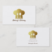 Carte De Visite Blanc & Or Chef Casquette Manger des ustensiles mi (Devant / Derrière)