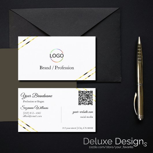 Carte De Visite Blanc uni avec lignes dorées Logo et code QR