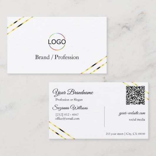 Carte De Visite Blanc uni avec lignes dorées Logo et code QR (Devant / Derrière)