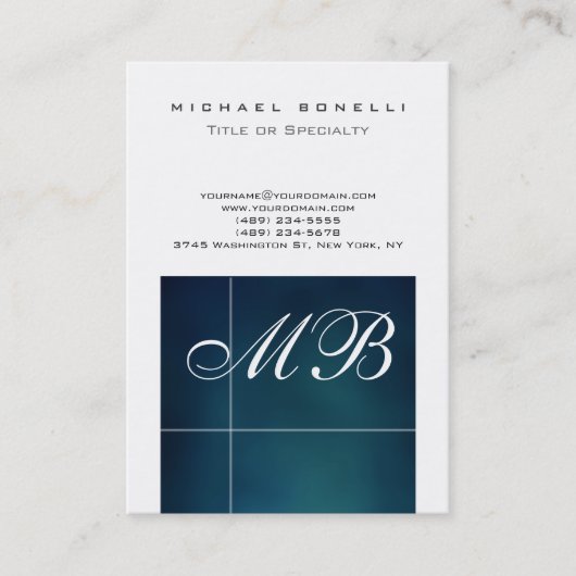 Carte de visite blanche monogramme script bleu gra (Devant)