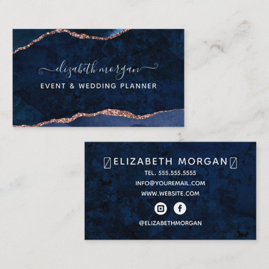 Carte De Visite Bleu Agate Marbre Rose or Aquarelle Script (Devant / Derrière)