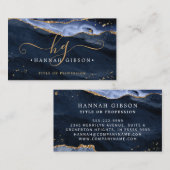 Carte De Visite Bleu Agate Script Monogramme Faux Gold Parties sci (Devant / Derrière)
