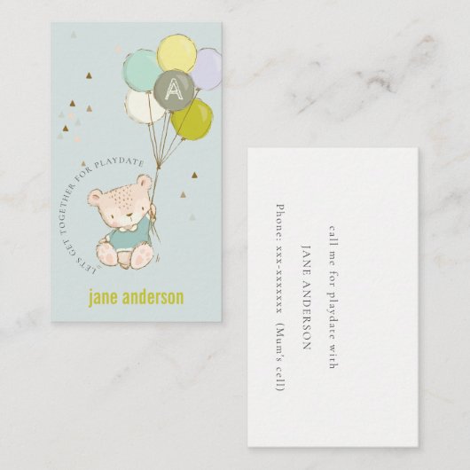 Carte De Visite Bleu Bear Balloon Monogramme Enfants Jouer Appel (Devant / Derrière)