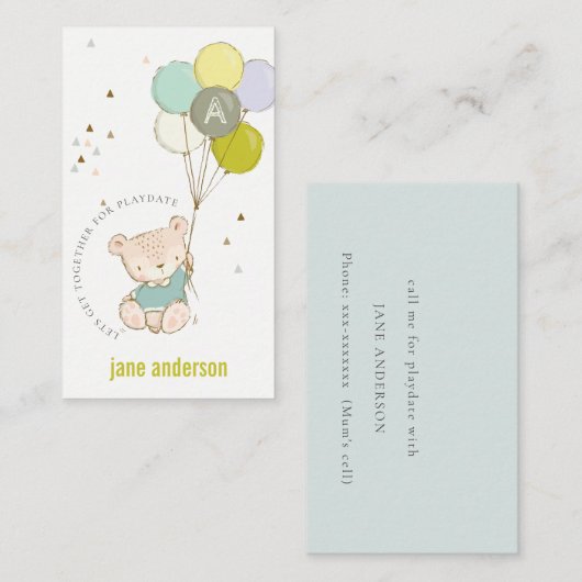 Carte De Visite Bleu Bear Balloon Monogramme Enfants Jouer Appel (Devant / Derrière)