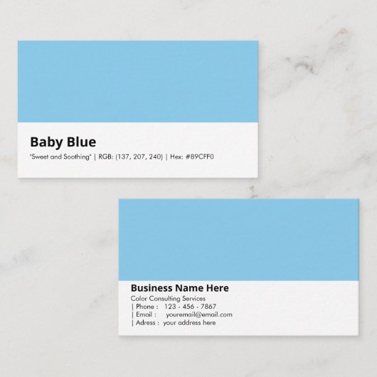 Carte De Visite Bleu bébé | "Doux et apaisant" (Devant / Derrière)