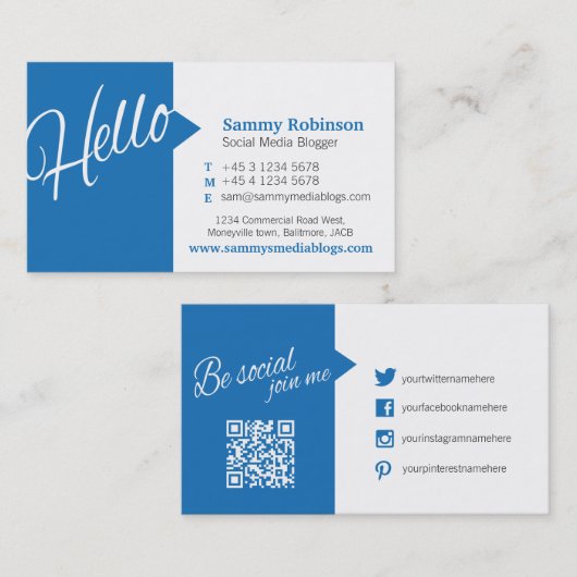 Carte De Visite Bleu blanc citation médias sociaux et code QR (Devant / Derrière)