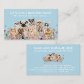 Carte De Visite Bleu Blanc Floral Chats Chiens Animaux de compagni (Devant / Derrière)