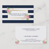 Carte De Visite Bleu & Blanc moderne Grilles Or & Floral Accent (Devant / Derrière)