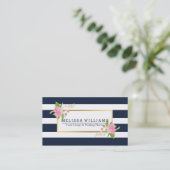 Carte De Visite Bleu & Blanc moderne Grilles Or & Floral Accent (Debout devant)
