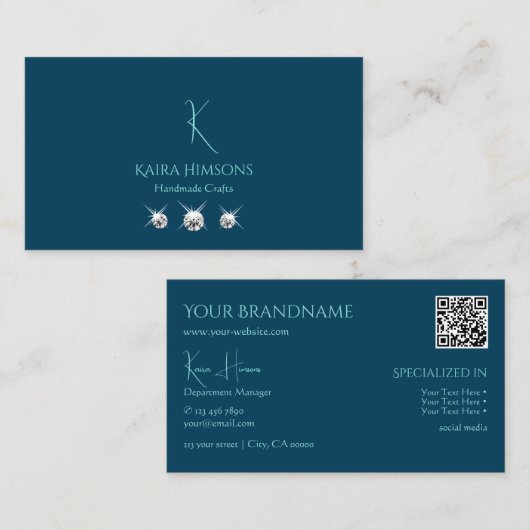Carte De Visite Bleu bleu ciel avec Monogramme QR Code et bijoux (Devant / Derrière)