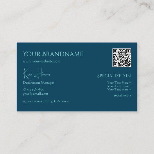 Carte De Visite Bleu bleu ciel avec Monogramme QR Code et bijoux (Dos)