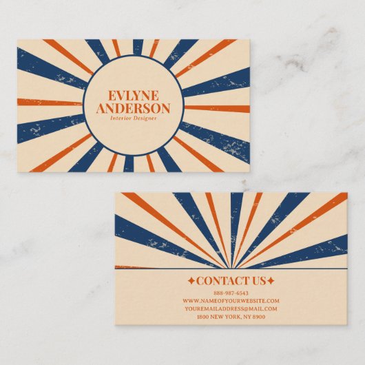 Carte De Visite Bleu bleu marine Orange rayures Retro Boho (Devant / Derrière)