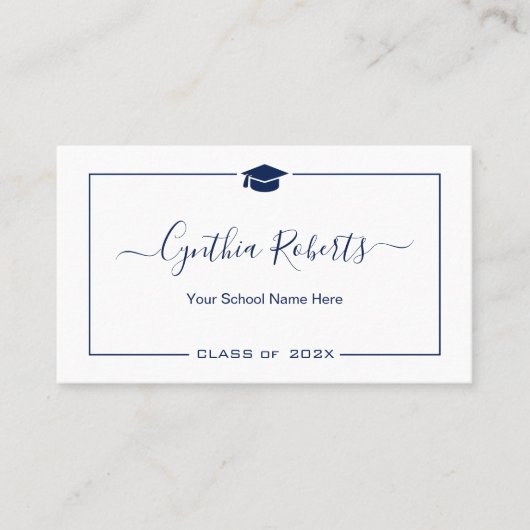 Carte De Visite Bleu bleu marine Script Graduation (Devant)