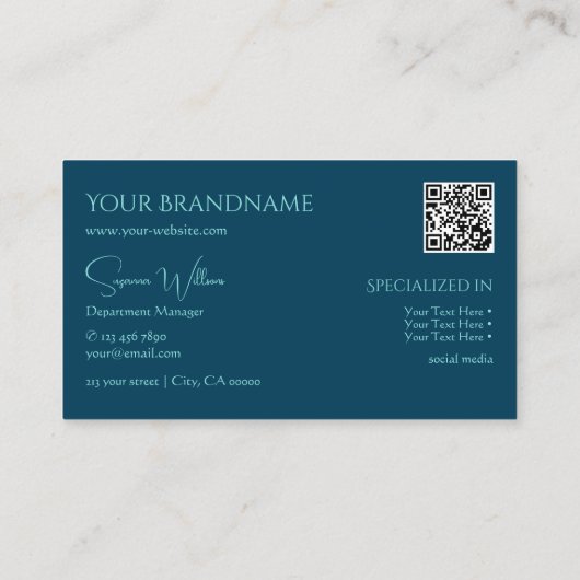 Carte De Visite Bleu bleu océan élégant avec Monogramme et code QR (Dos)