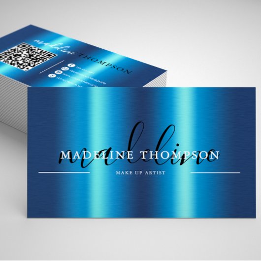 Carte De Visite Bleu Brush Steel Script code QR