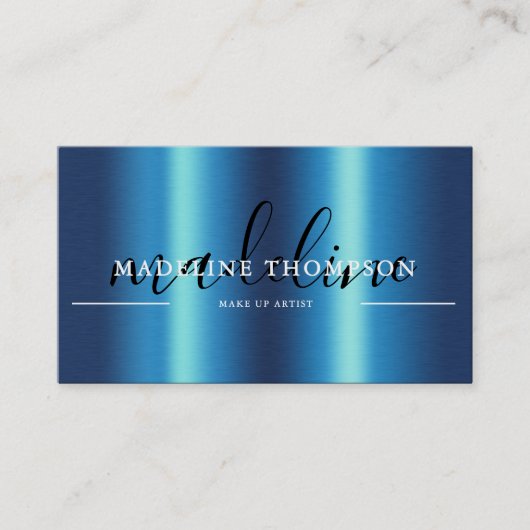 Carte De Visite Bleu Brush Steel Script code QR (Devant)